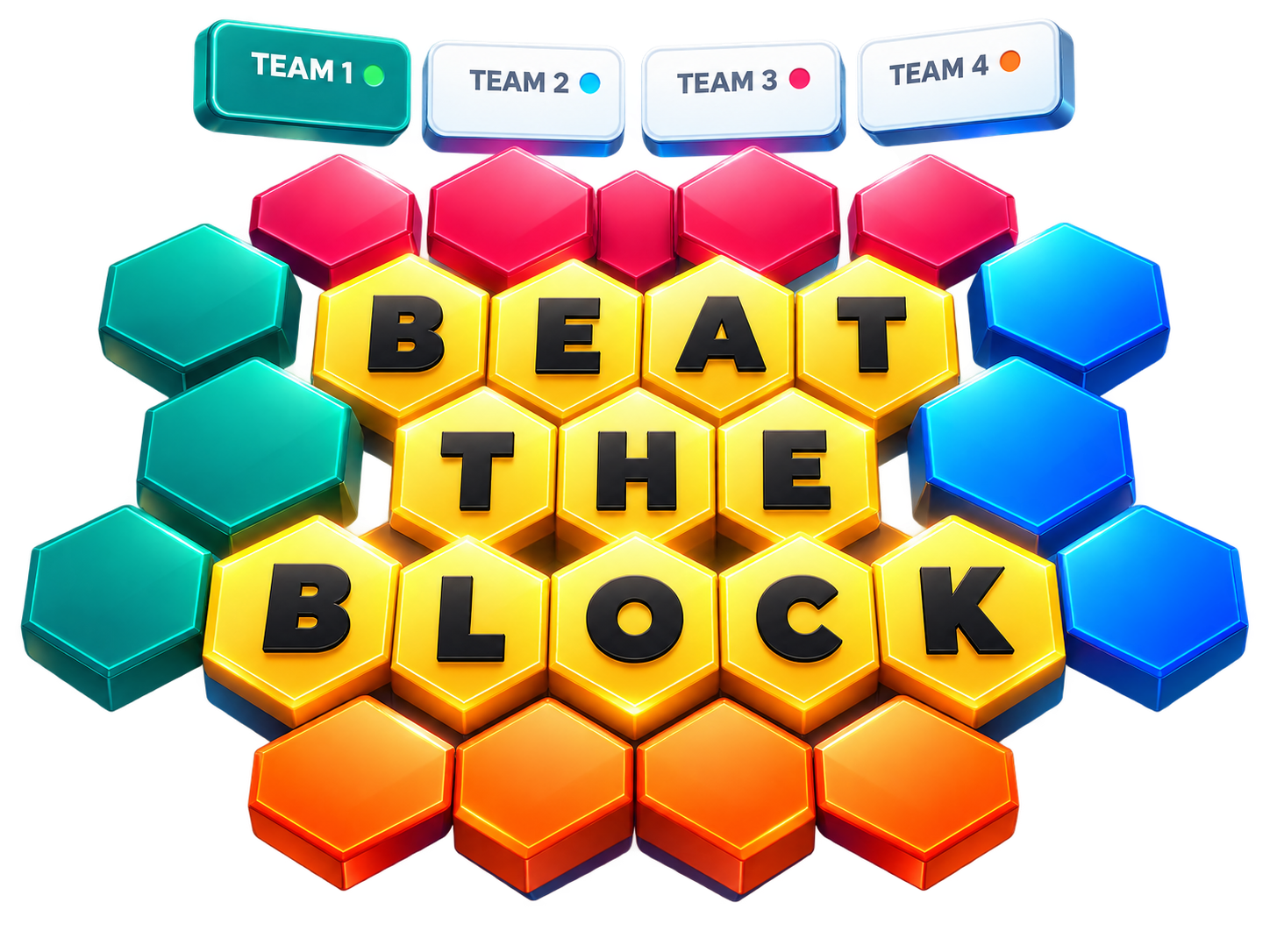 Blockbeaters hexagon game board spelling Beat the Block, with four team panels